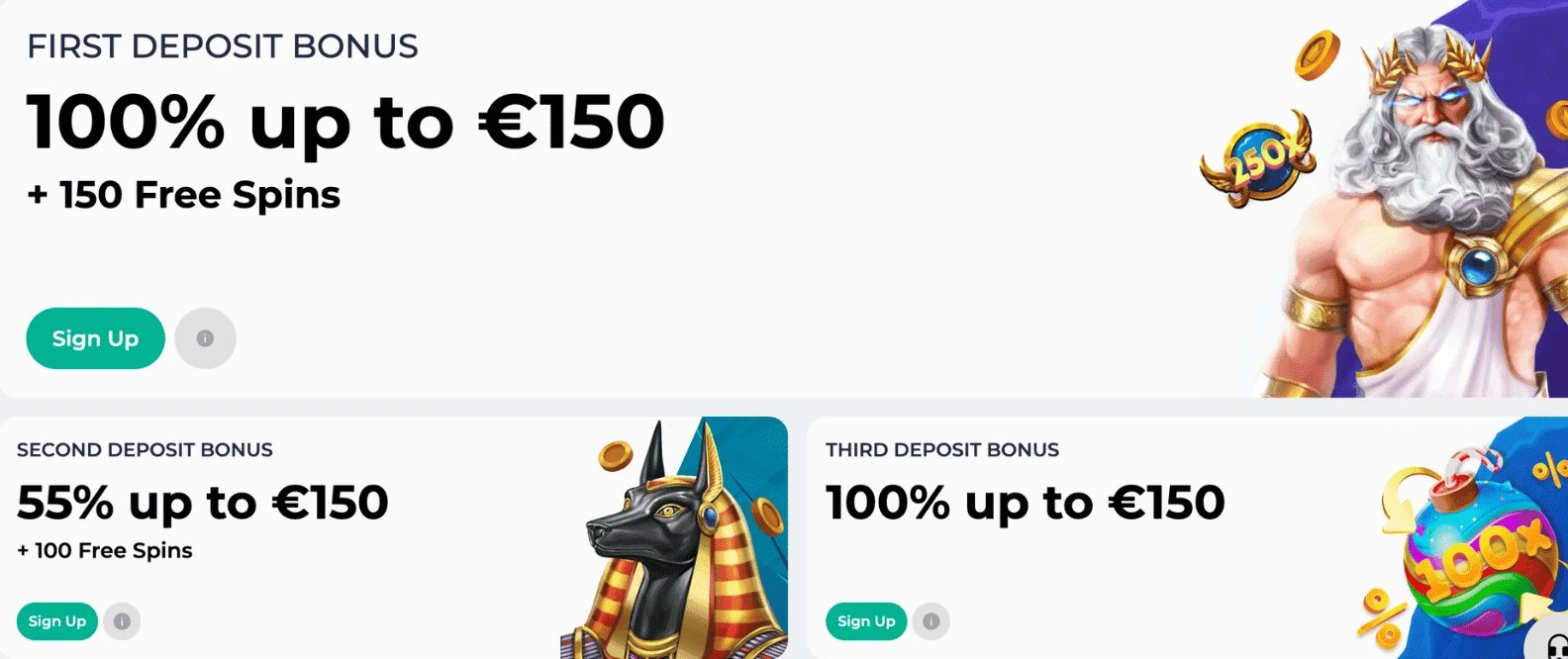 King Hills Casino first, second and third deposit bonus cards as they stack in the browser