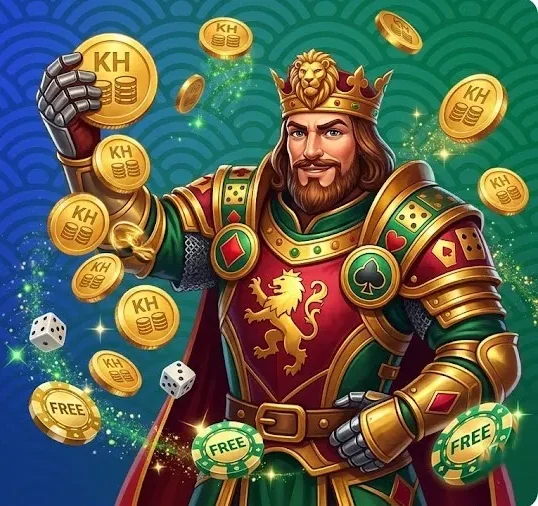 King Hills Casino mascot king catching KH coins and free-spin chips